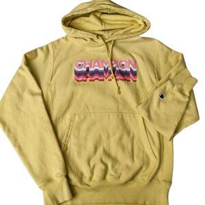 Champion Reverse Weave Ink Shadow Heritage Men's Yellow Hooded Sweatshirt Sz S